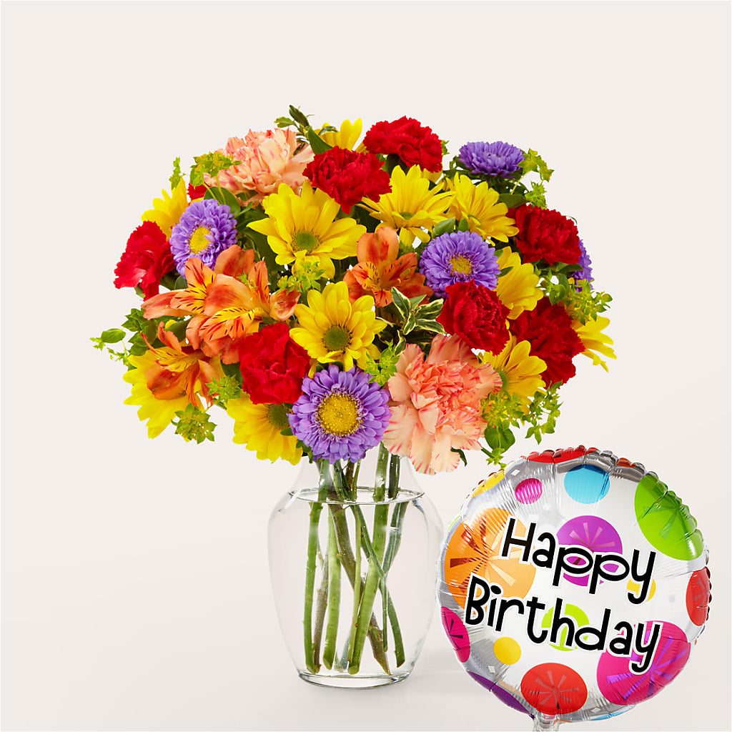 Kaleidoscope Bouquet with Birthday Balloon – THE FLOWER PLACE, Bradenton FL