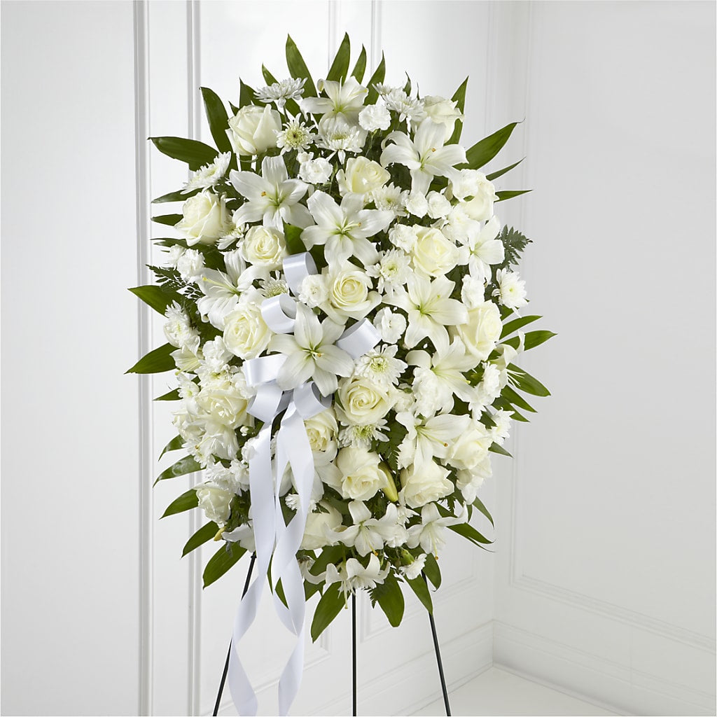 Exquisite Tribute Standing Spray-White Ribbon – The Flower Place, Bradenton FL