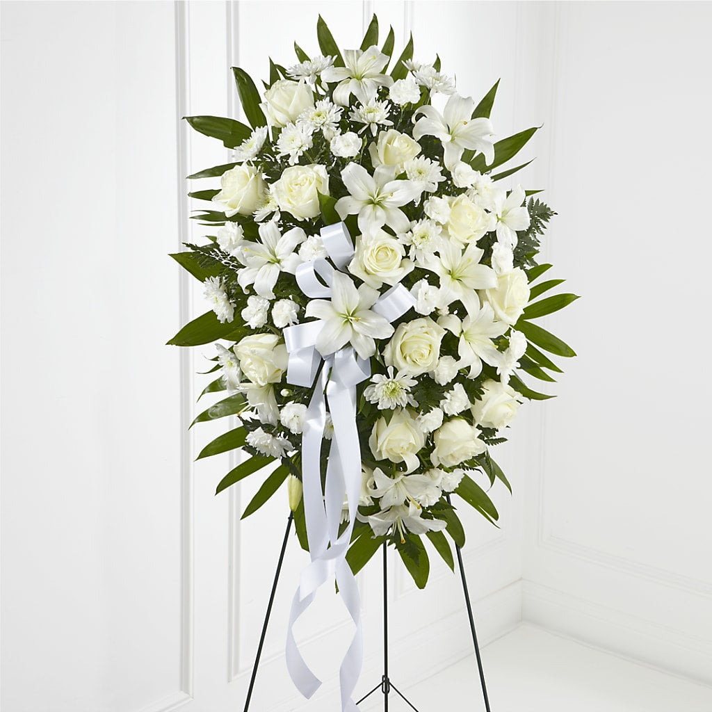 Exquisite Tribute Standing Spray-White Ribbon – THE FLOWER PLACE, Bradenton FL